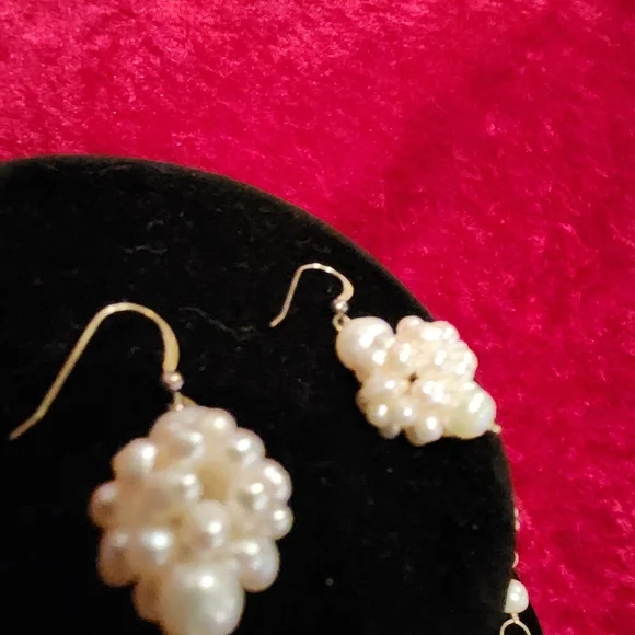 STERLING Faux Pearl Cluster Necklace and Drop Earrings Set - White